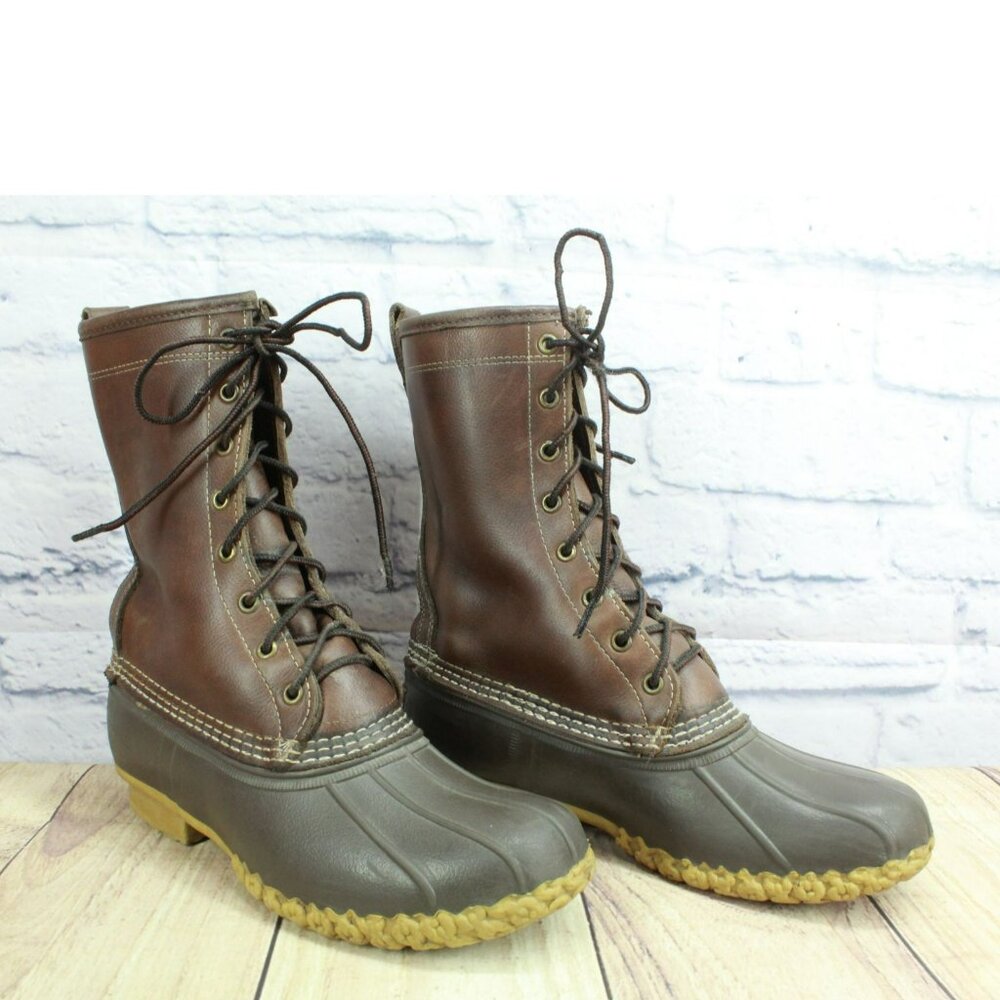 LL Bean Brown Leather Lace Up Insulated Shearling Lined Mid Calf Duck Boots 8 M - Picture 3 of 10